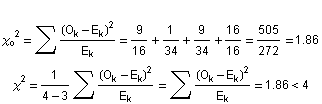 χ_o^2 = ∑ (O_k - E_k)^2/E_k = 9/16 + 1/34 + 9/34 + 16/16 = 505/272 = 1.86χ^2 = 1/(4 - 3) ∑ (O_k - E_k)^2/E_k = ∑ (O_k - E_k)^2/E_k = 1.86<4