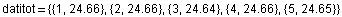 datitot = {{1, 24.66}, {2, 24.66}, {3, 24.64}, {4, 24.66}, {5, 24.65}}