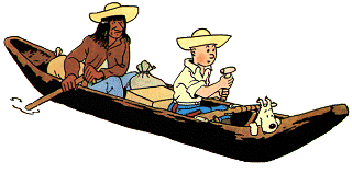 Tintin in a pirogue